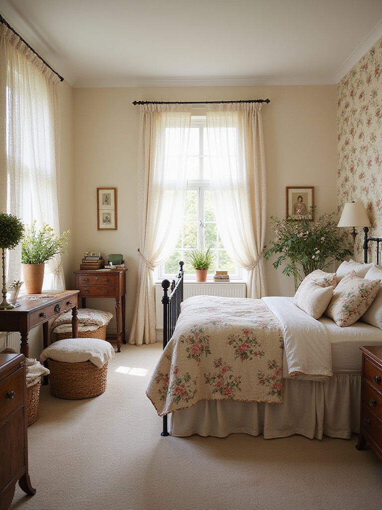 English Cottagecore vintage bedroom with floral patterns and antique furniture