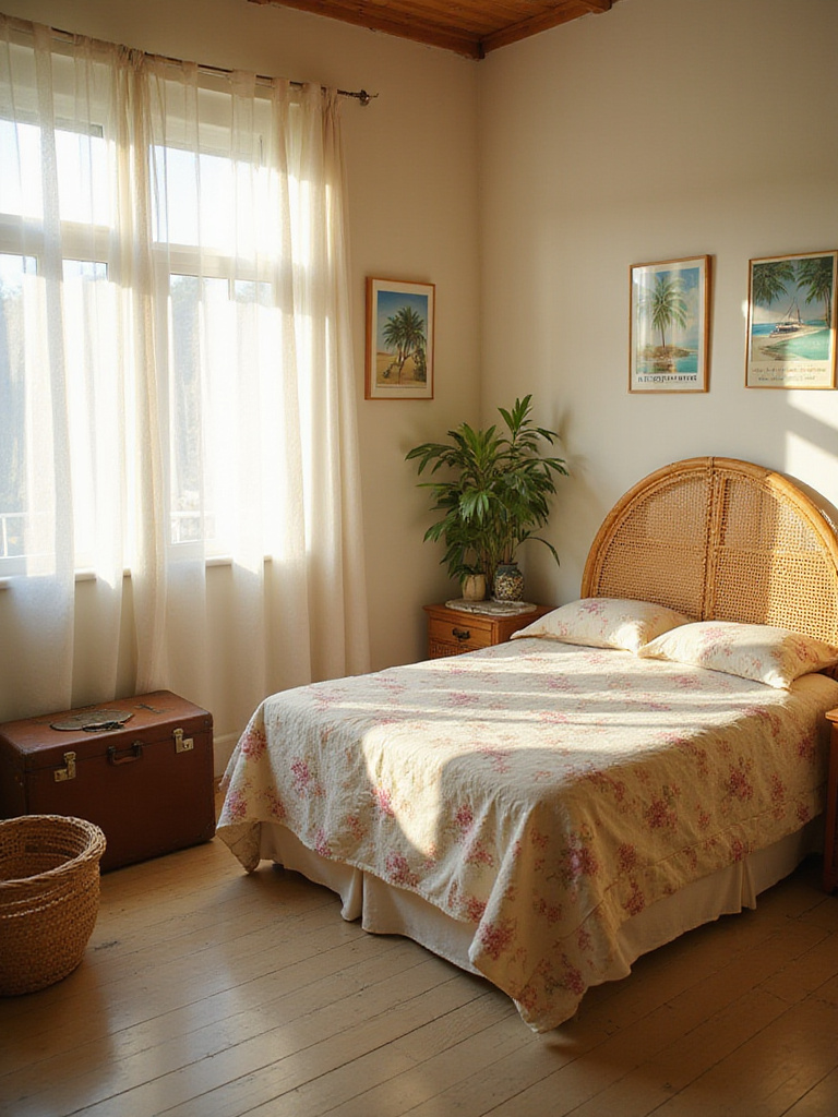 Vintage tropical bedroom with rattan headboard, floral bedding, and travel posters.