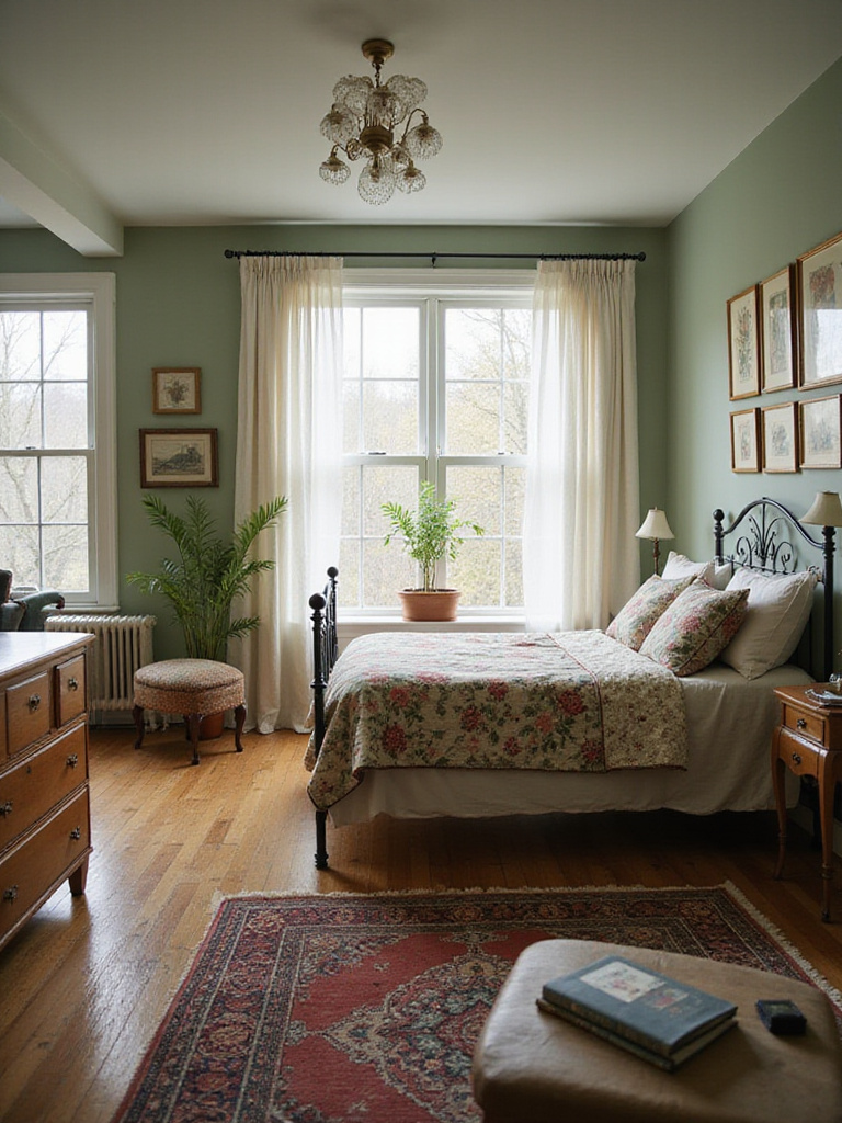 Eclectic vintage bedroom with mixed furniture styles, botanical gallery wall, and soft lighting.