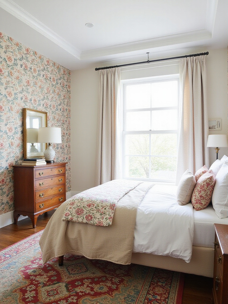 Grandmillennial style bedroom with floral wallpaper, vintage dresser, and modern bedding.