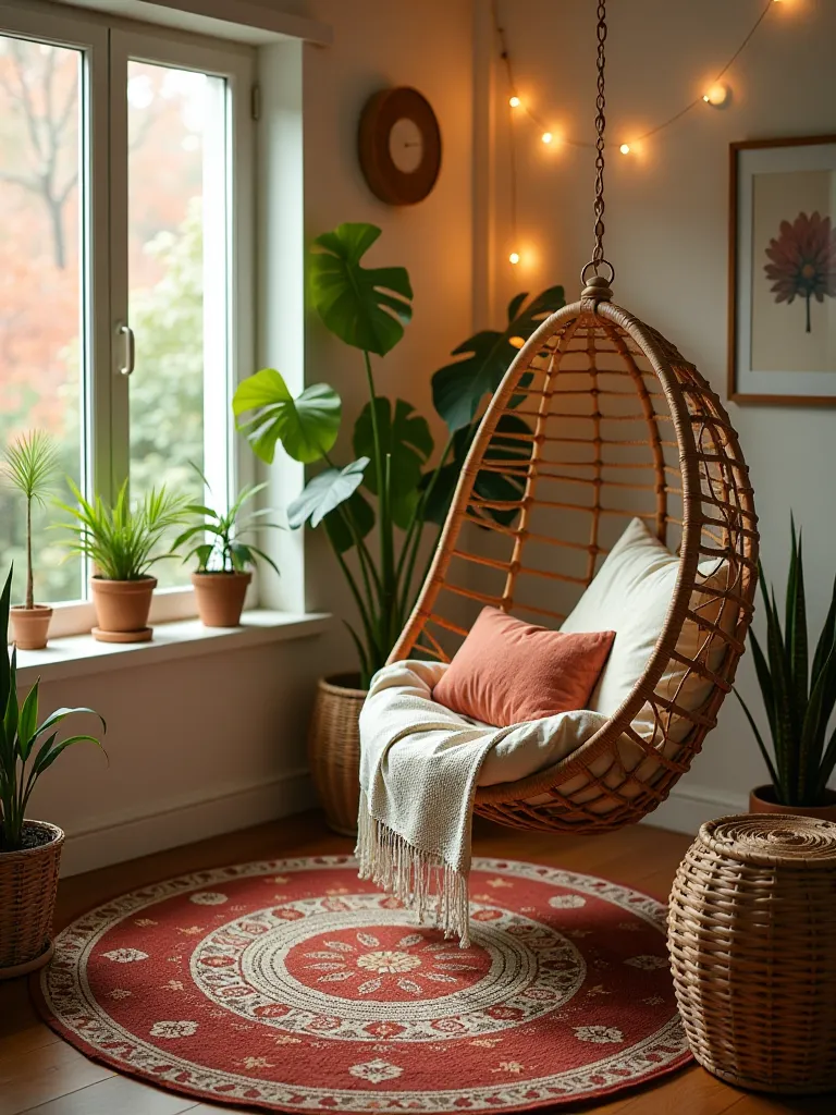 Boho bedroom corner with hanging chair, warm toned rugs, and string lights