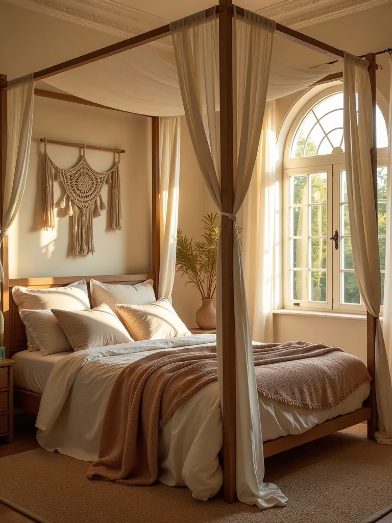 Boho bedroom with muted earth tones and soft fabrics in golden hour light