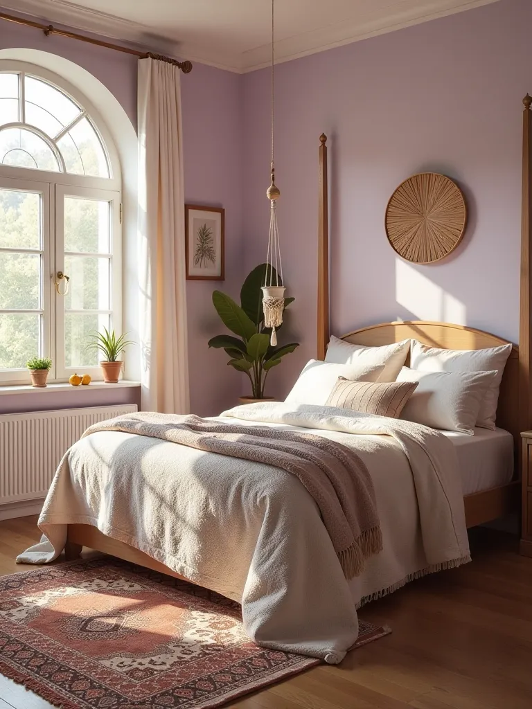 Boho bedroom with lavender and beige tones, four poster bed, and macrame decor