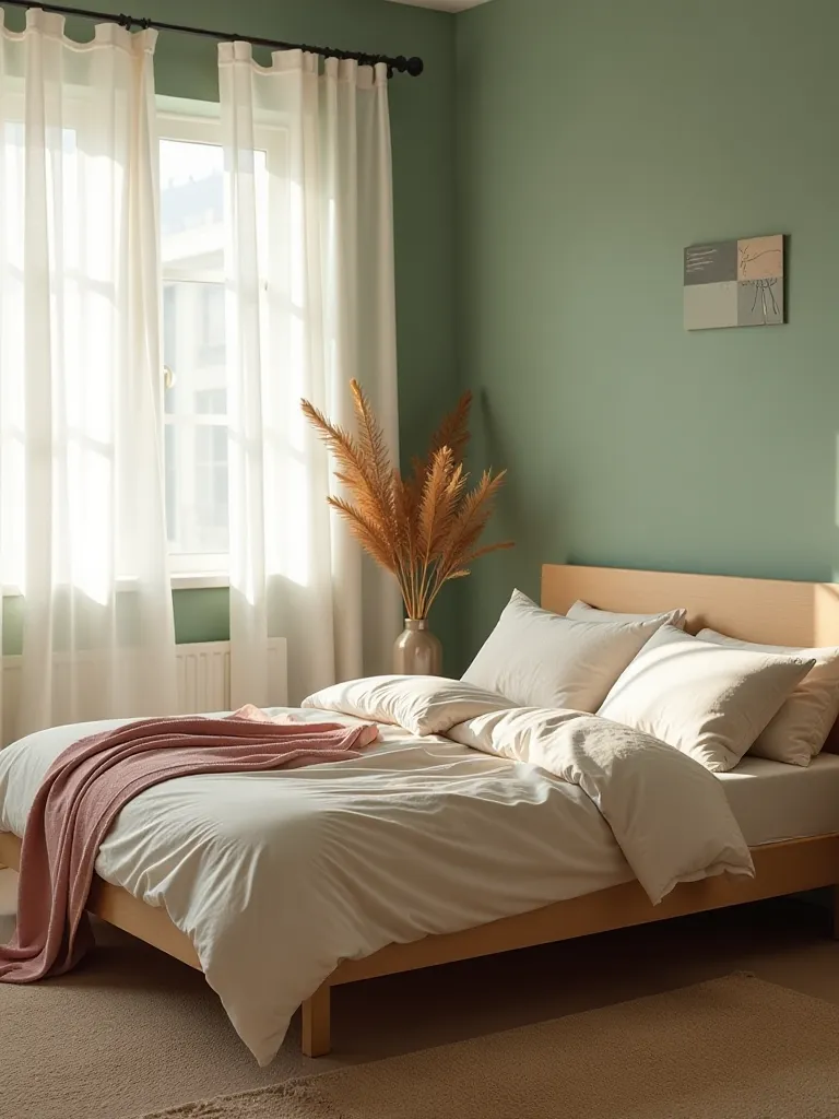 Boho bedroom with sage green and dusty rose palette, white curtains, and platform bed