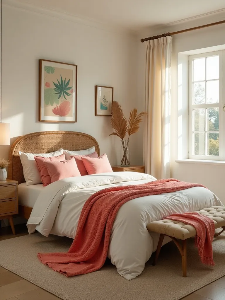 Industrial chic boho bedroom featuring terracotta walls and teal bedding
