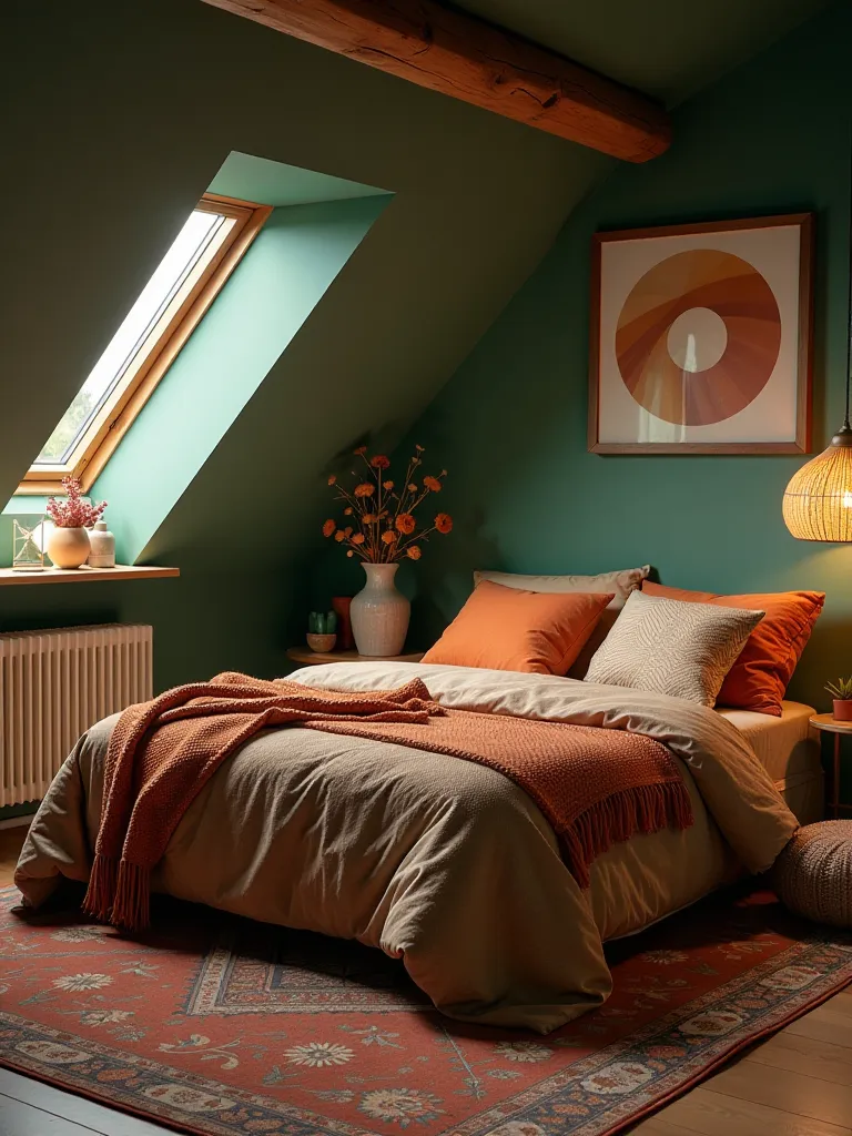 Light boho bedroom with ivory base, coral and turquoise accents, and rattan details