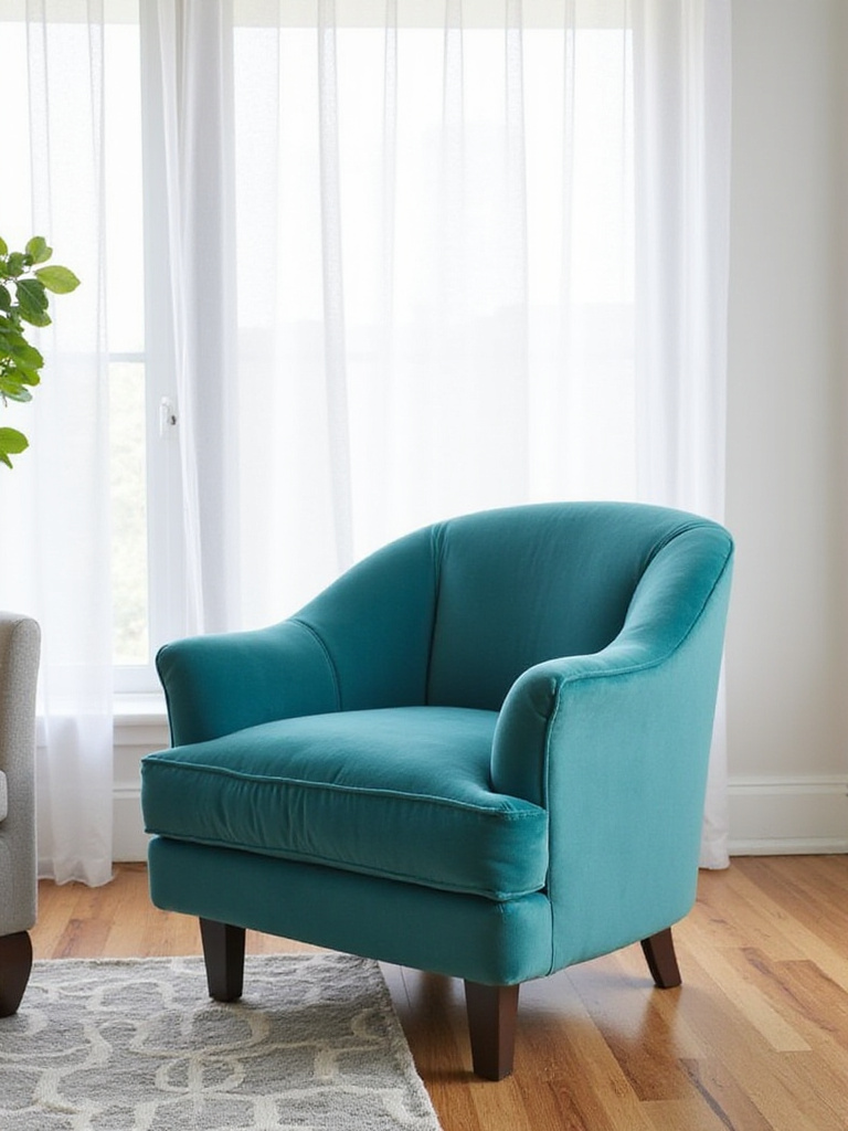 Teal velvet accent chair in a modern living room