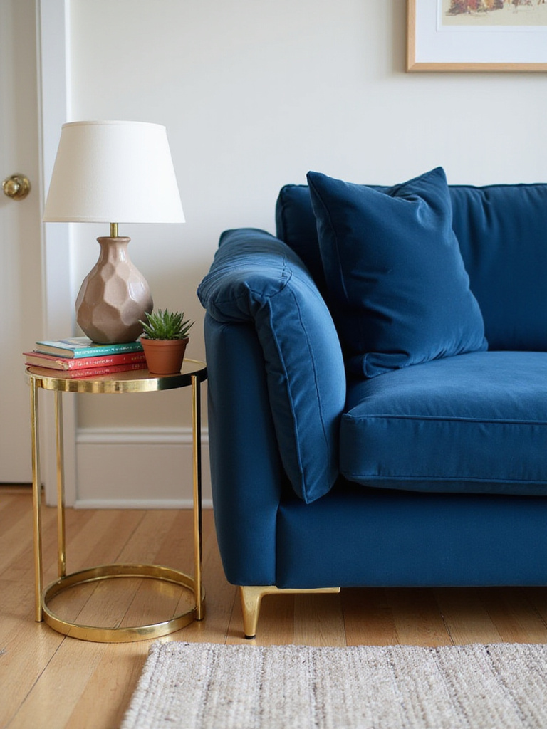 Modern living room with blue velvet sofa and round gold side table featuring a lamp, books, and succulent.