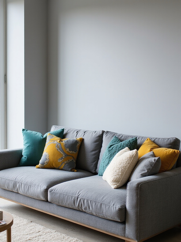 Modern living room with gray sofa and decorative throw pillows in teal, mustard yellow, and cream.