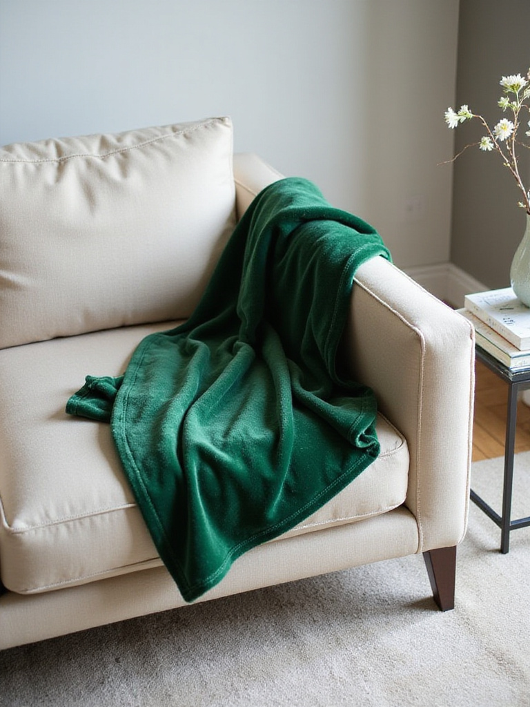 Emerald green velvet throw blanket draped over a cream sofa in a modern living room.