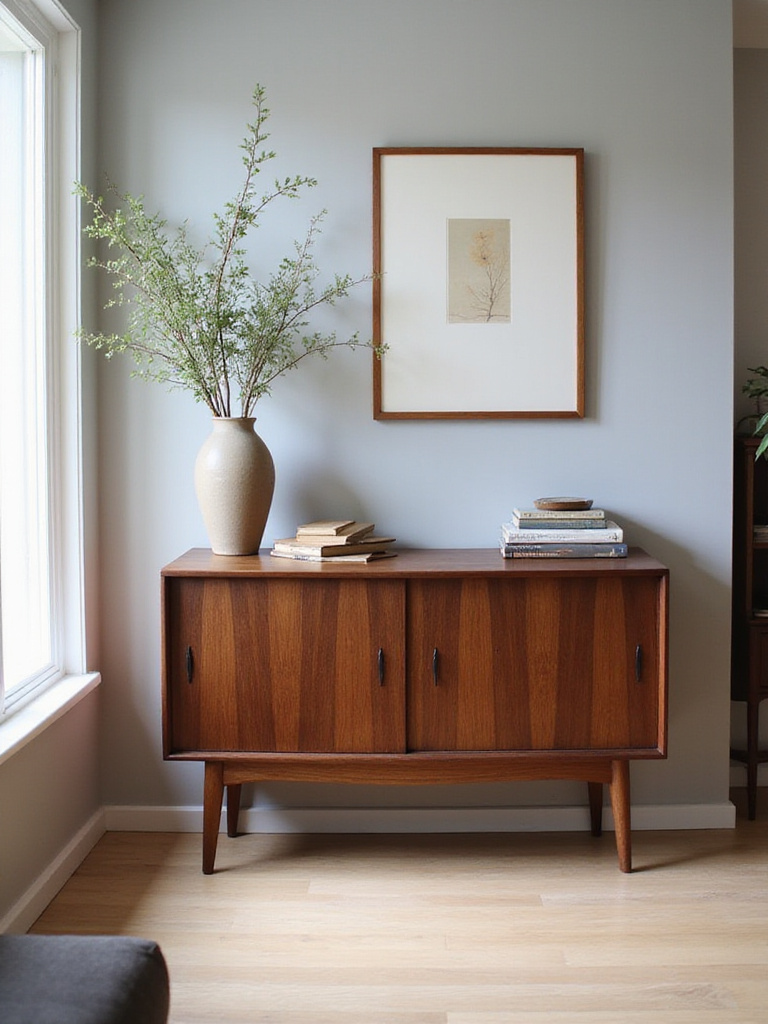 Stylish living room with a dark walnut mid-century modern cabinet.