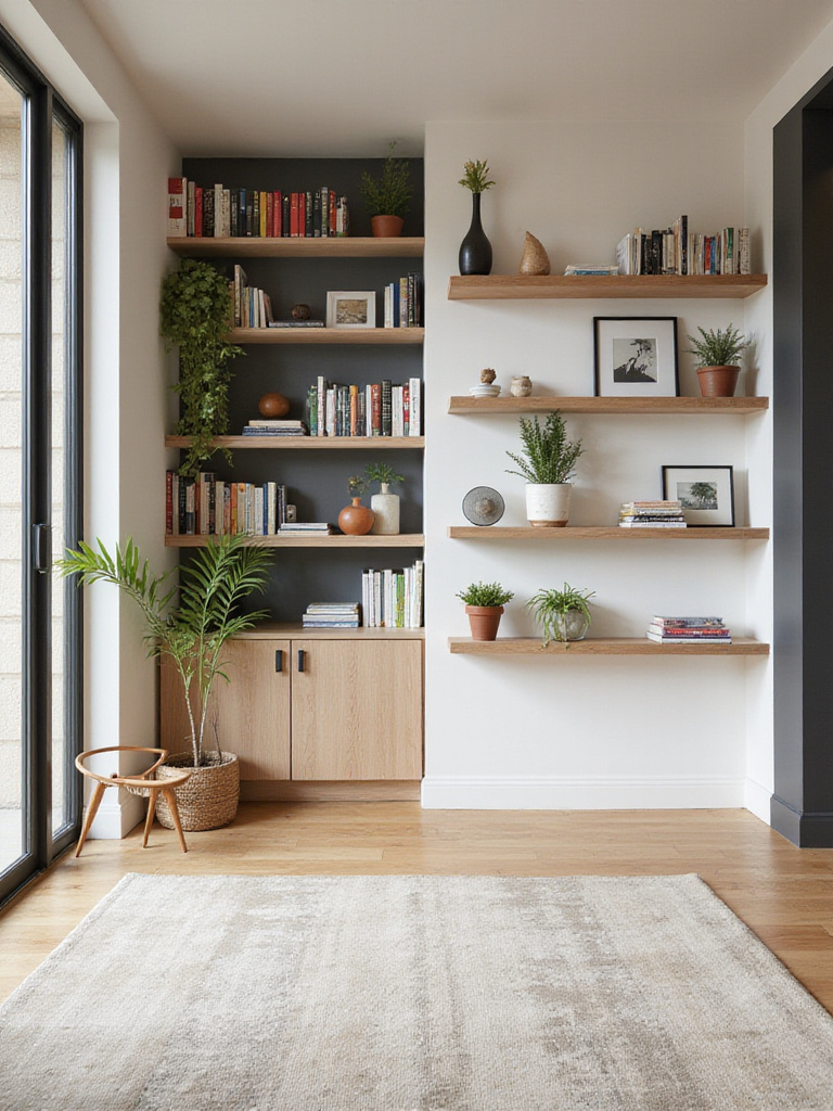 Modern living room with stylish and functional shelving solutions displaying books, plants, and decorative objects.