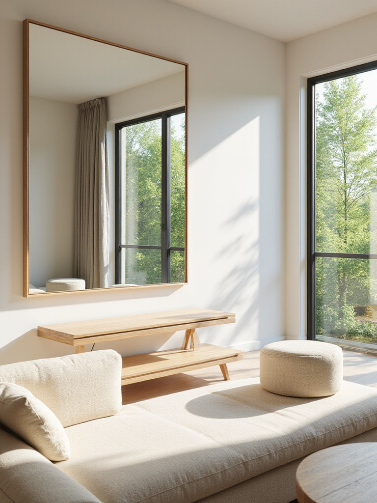 Bright living room with large mirror reflecting window and expanding space