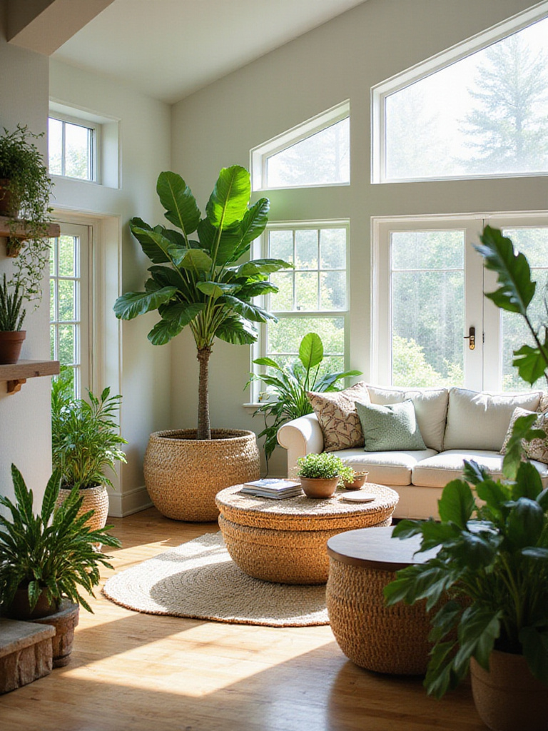 Living room with lush green plants and natural wood furniture.