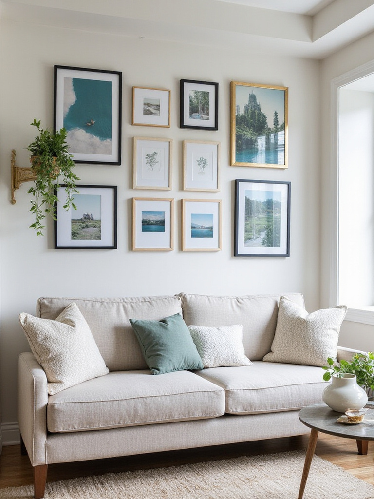 Modern living room with gallery wall above a neutral sofa