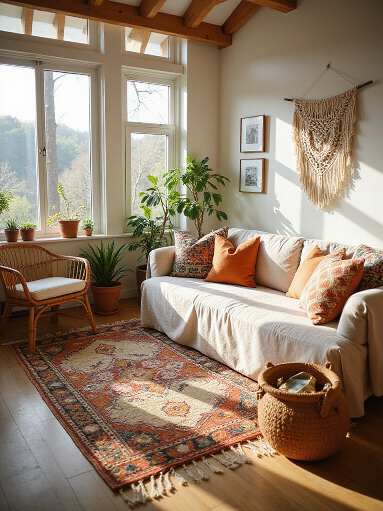 Bohemian living room with mixed textures and patterns, including layered rugs, patterned pillows, and rattan furniture.