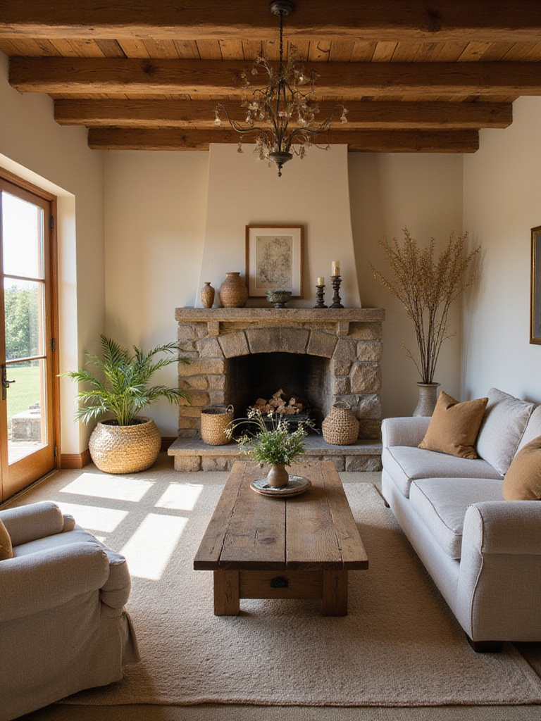Rustic living room with natural wood furniture and cozy farmhouse decor