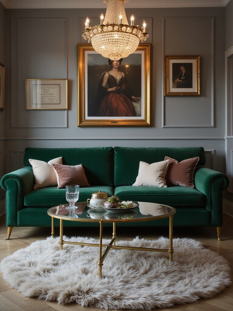 Glamorous living room with velvet sofa, mirrored coffee table, and gold accents.