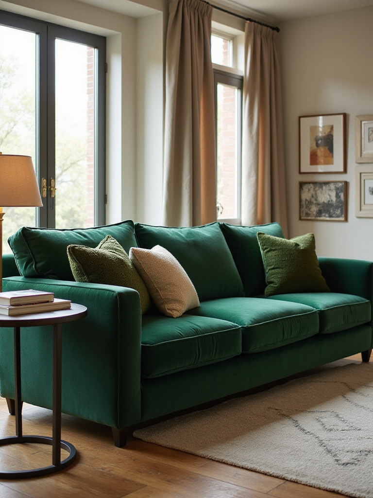 Emerald green velvet sofa in a modern living room.