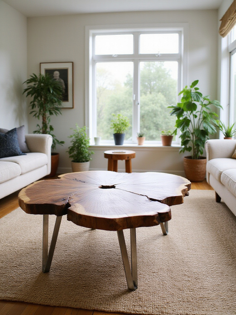 Modern living room with a walnut live-edge coffee table and natural light.