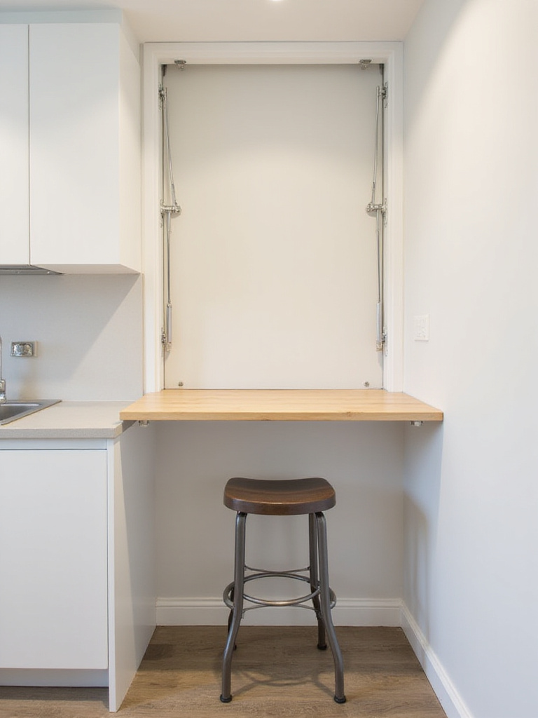 A space-saving wall-mounted fold-down bar in a small kitchen, demonstrating flexible and efficient design.