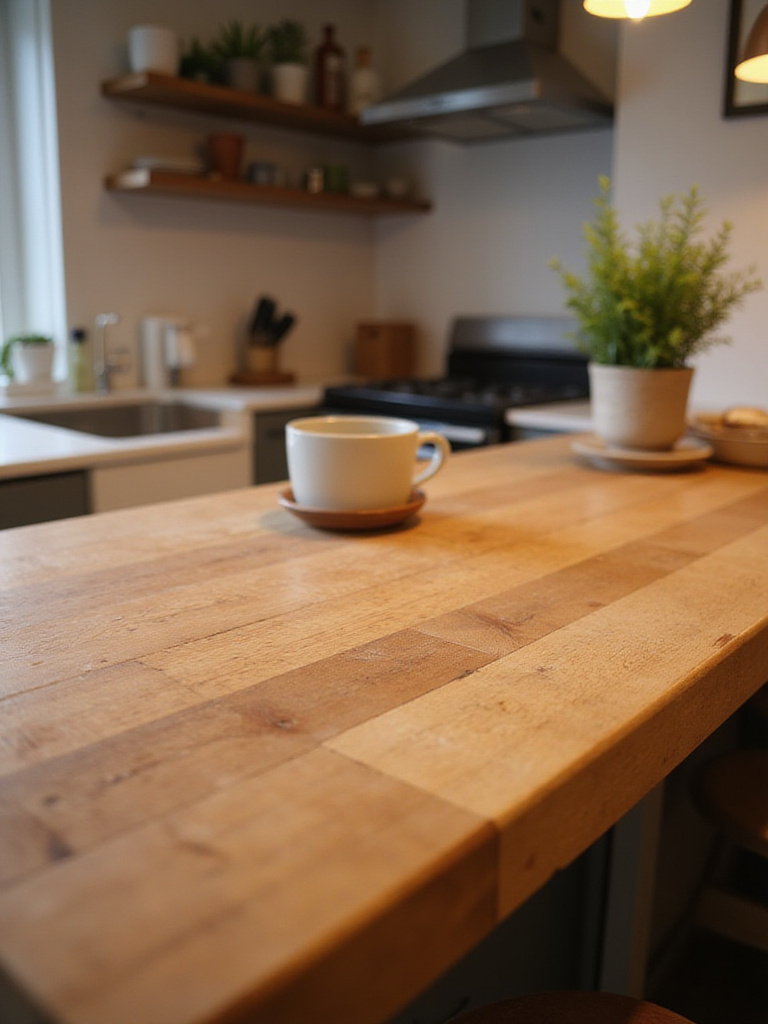 A close-up view of a warm and inviting butcher block kitchen bar top, showcasing its natural wood grain and texture.