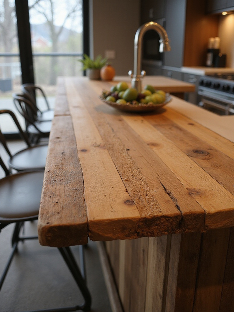 Kitchen bar crafted from reclaimed wood, showcasing its unique history, texture, and sustainable character.