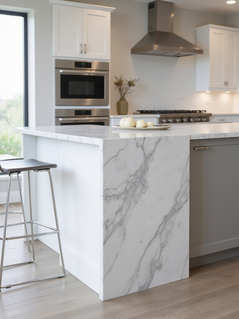 Elegant kitchen bar featuring a waterfall edge countertop, creating a seamless and sculptural modern design statement.