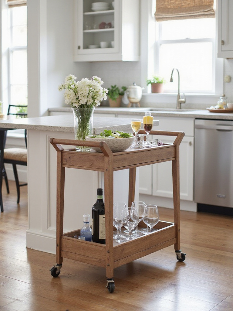 A flexible and stylish moveable kitchen bar cart on wheels, offering adaptable functionality for entertaining or extra workspace.
