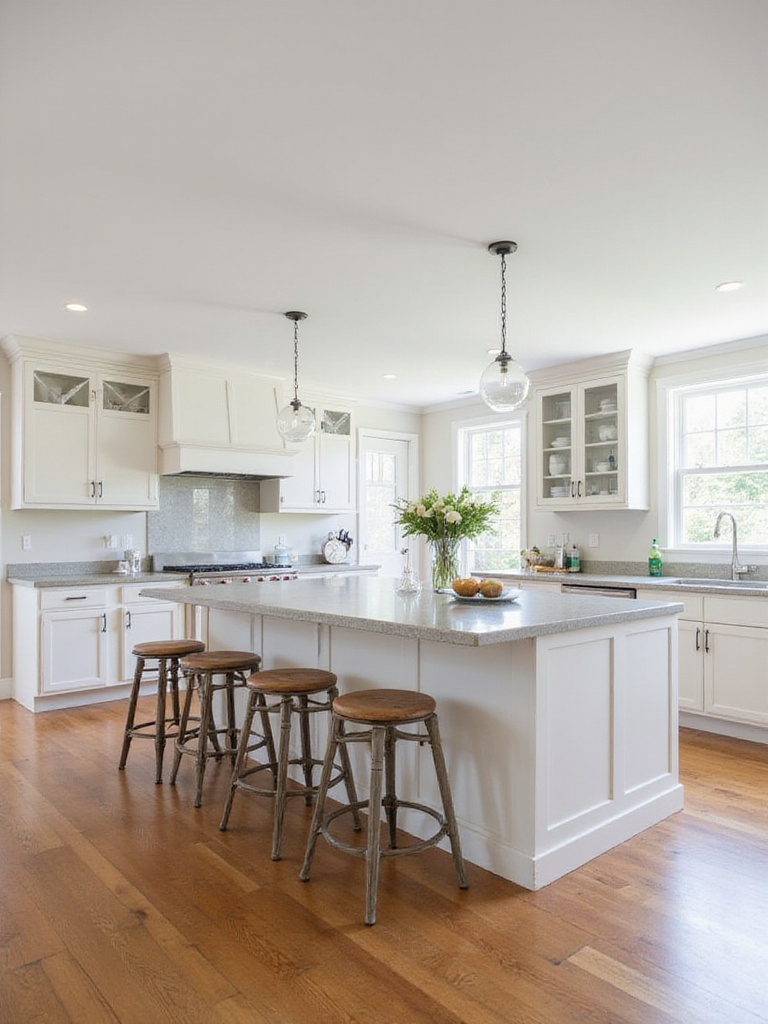 Seamless counter-height kitchen bar extending the main work surface, offering comfortable seating and a cohesive look.