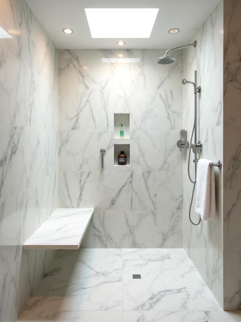 Luxurious spa-like shower with elegant honed Carrara marble tile walls and bench.
