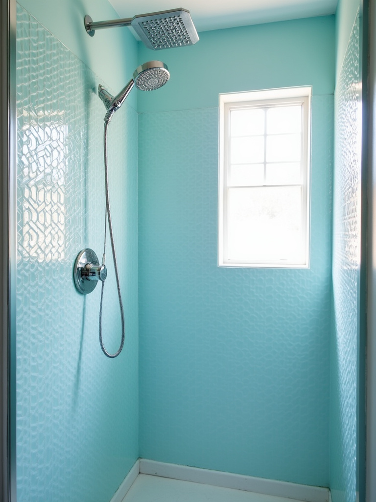 Contemporary shower with shimmering light blue iridescent glass mosaic tile walls.