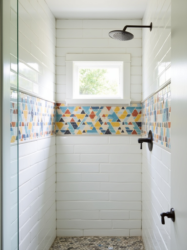 Modern shower with a vibrant colorful geometric mosaic tile accent wall.