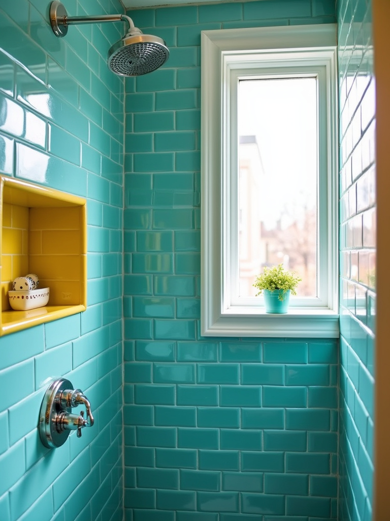Vibrant shower with teal blue subway tiles and a sunny yellow accent niche.