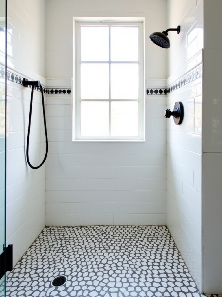 Modern shower with a striking black and white geometric hexagon tile floor.
