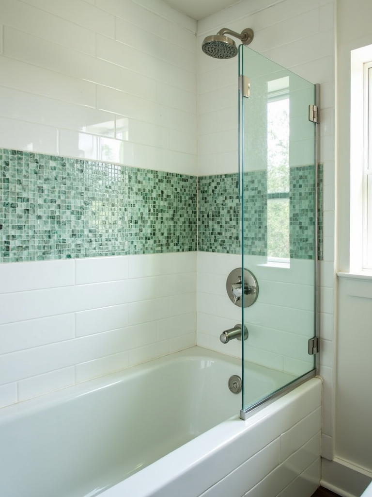 Eco-conscious shower with green recycled glass mosaic tile accent wall, promoting sustainability.