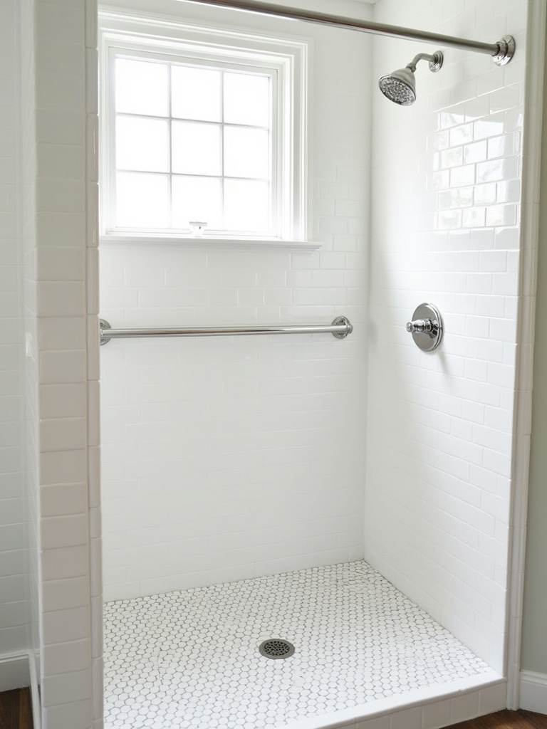 Vintage-inspired shower with charming white penny tile floor and classic subway tile walls.