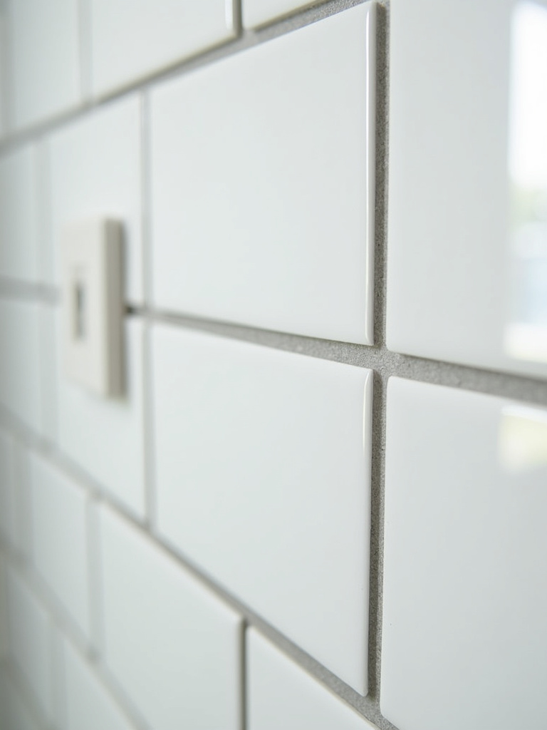 Close-up detail of white subway tiles with contrasting dark gray grout, emphasizing grout as a design element.