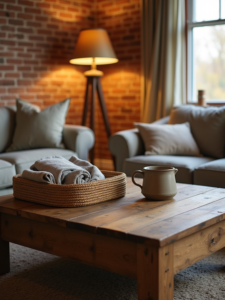 Rustic living room with a square reclaimed wood coffee table, basket, and mug, highlighting natural textures.