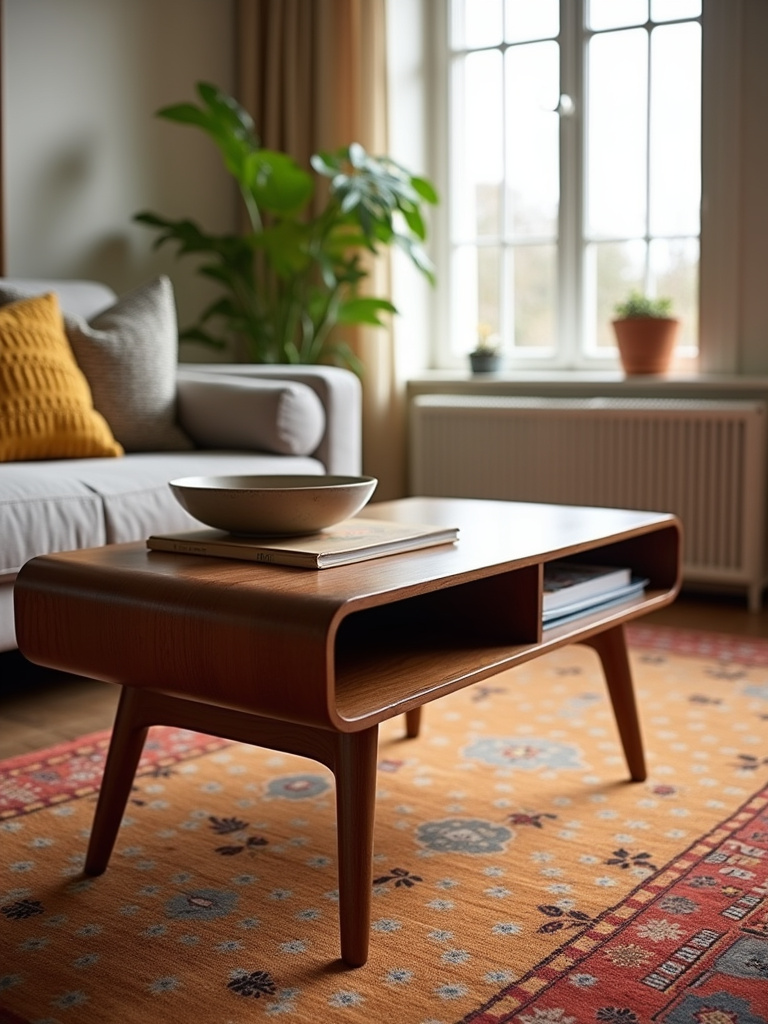 Mid-Century Modern living room with a walnut coffee table, ceramic bowl, and magazine.