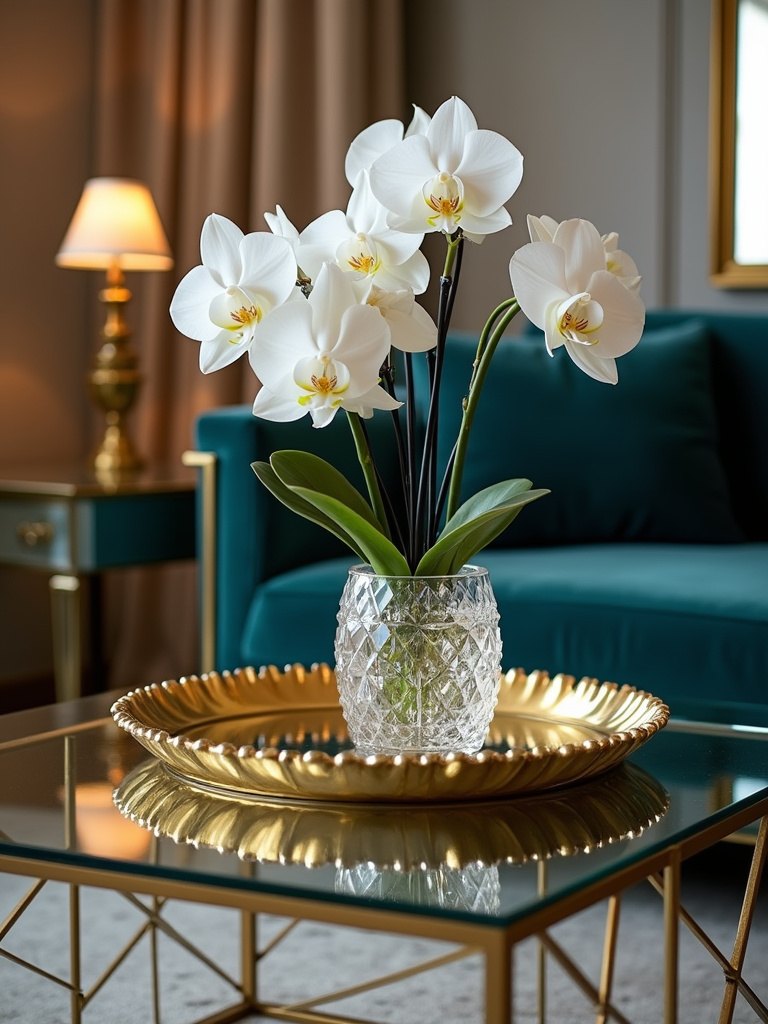 Glamorous living room with a glass-top coffee table featuring a gold geometric base.