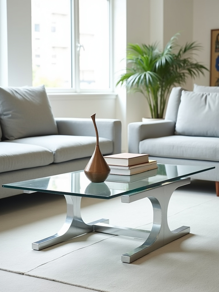 Contemporary living room with a rectangular glass coffee table and chrome base.