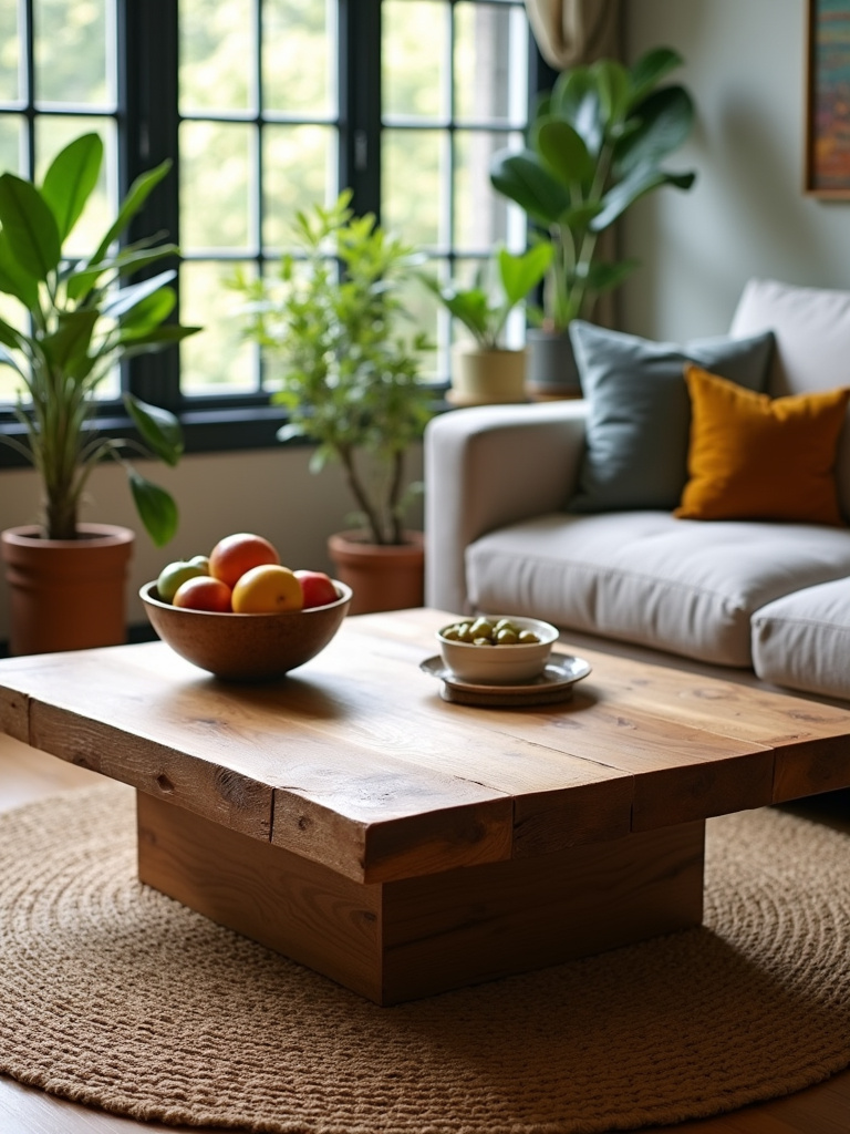 Eco-friendly living room with a reclaimed barn wood coffee table and jute rug.