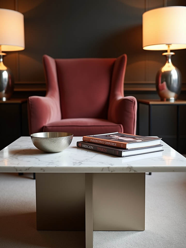 Luxurious living room with a Carrara marble coffee table and stainless steel base.