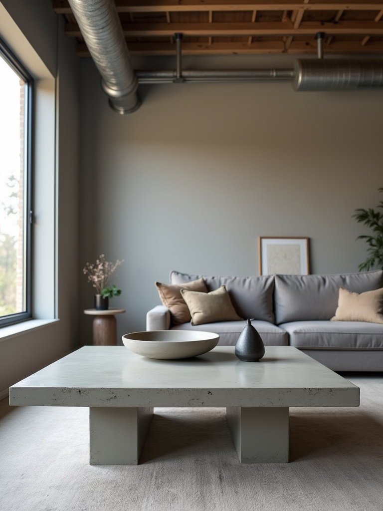 Modern industrial living room with a polished concrete coffee table and metal sculpture.