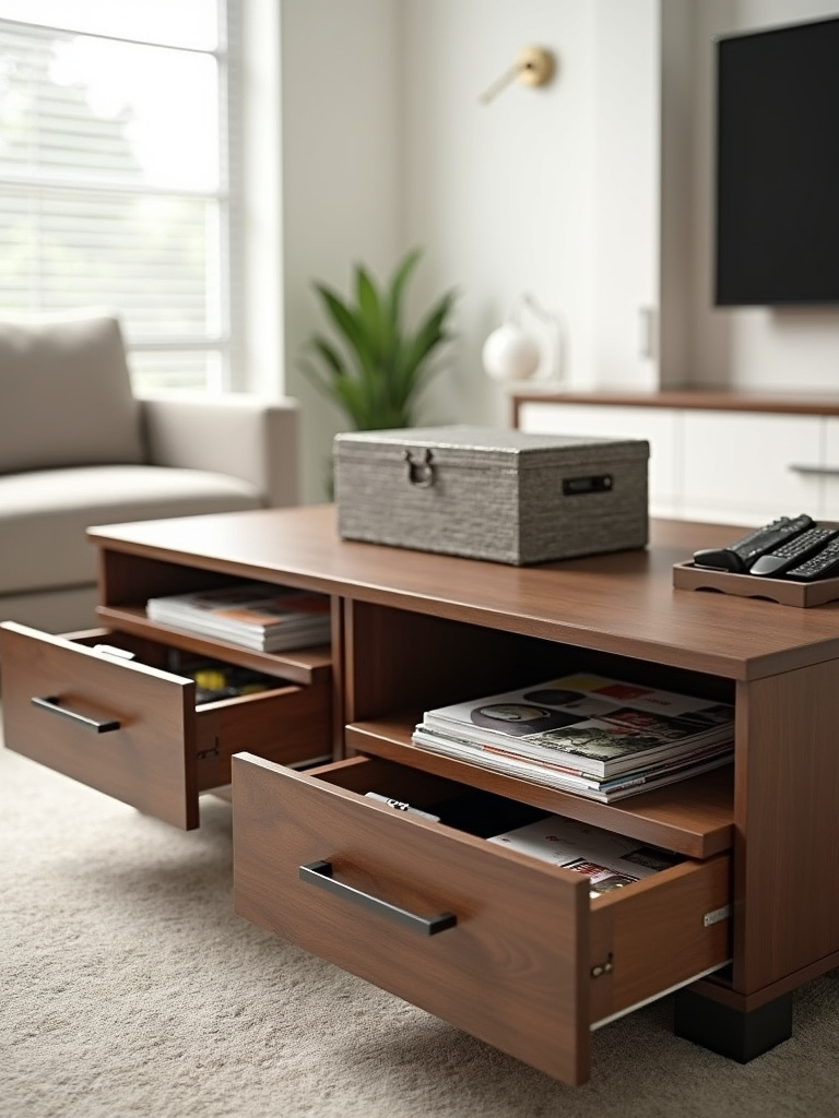 Organized living room with a storage coffee table featuring drawers and shelves.