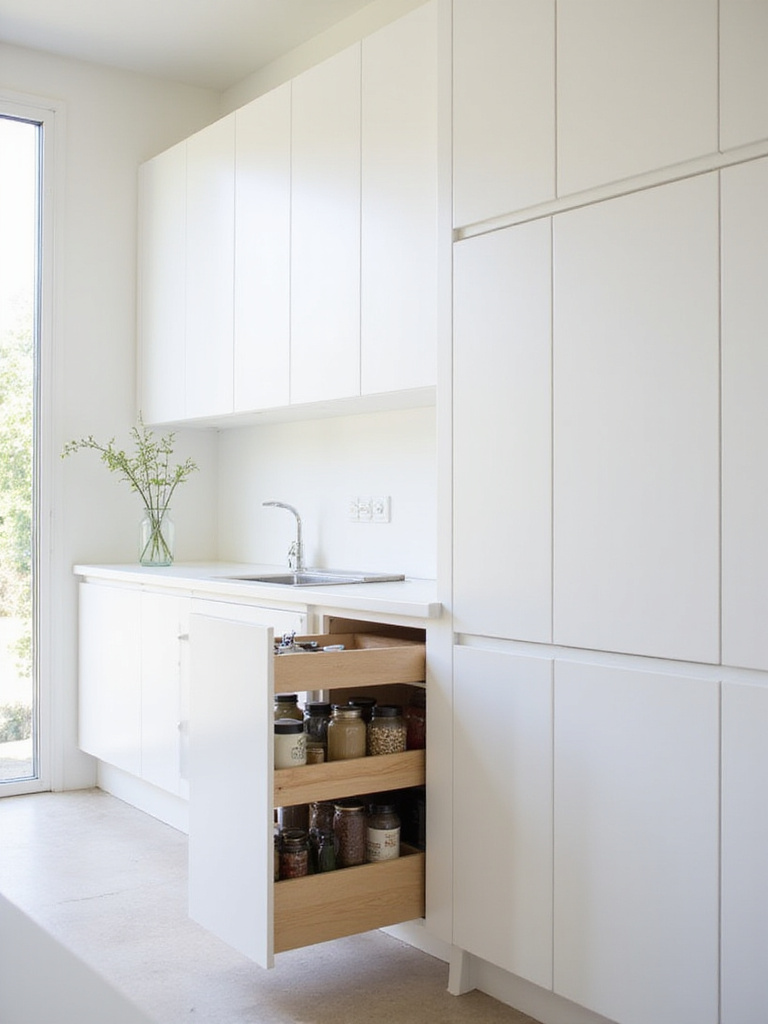 Minimalist kitchen with hidden pull-out pantry for clutter-free design
