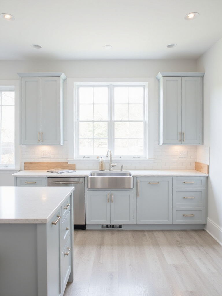 Minimalist kitchen with light gray cabinets and white countertops showcasing a calm neutral color palette.