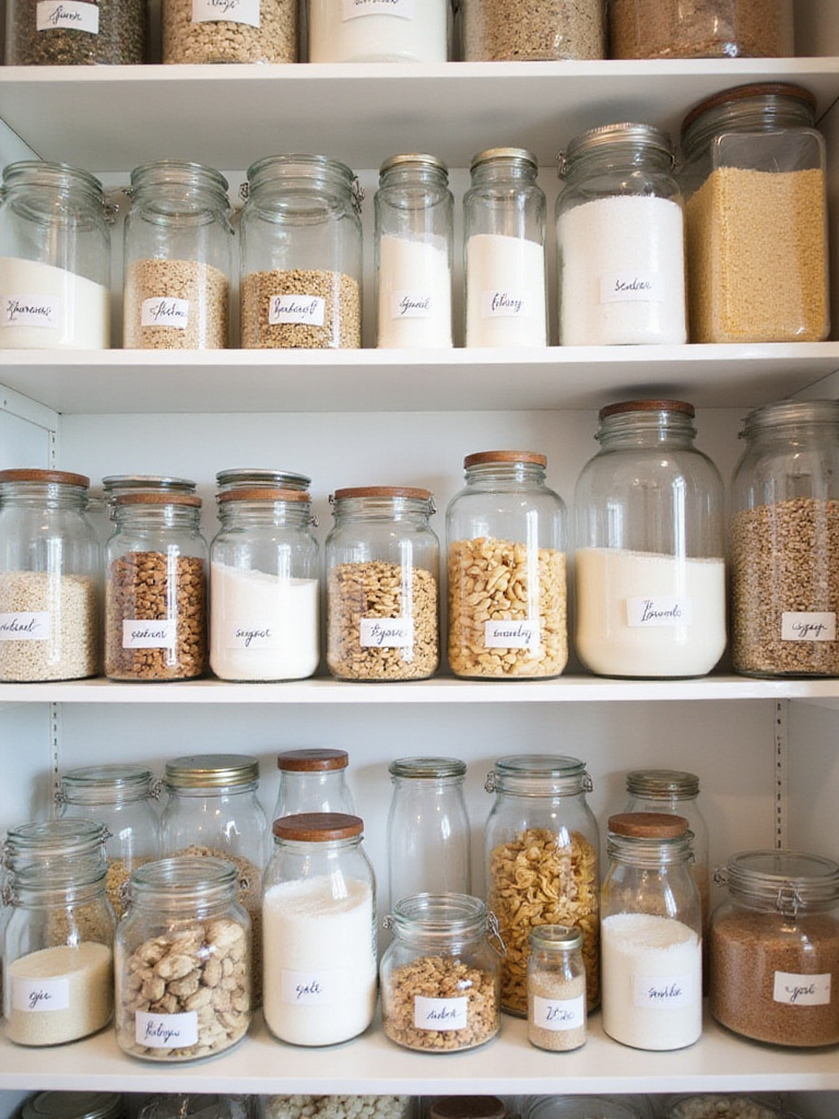 Organized minimalist kitchen pantry with uniform clear glass jars and containers.