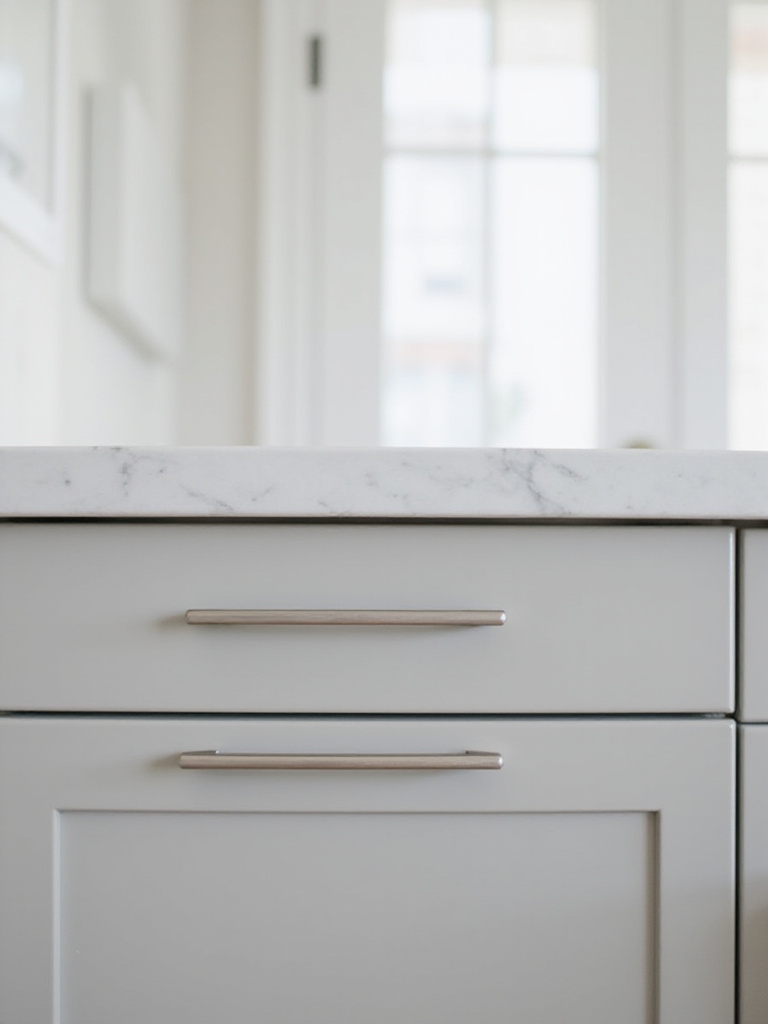 Minimalist kitchen with brushed nickel bar pulls on light gray cabinets
